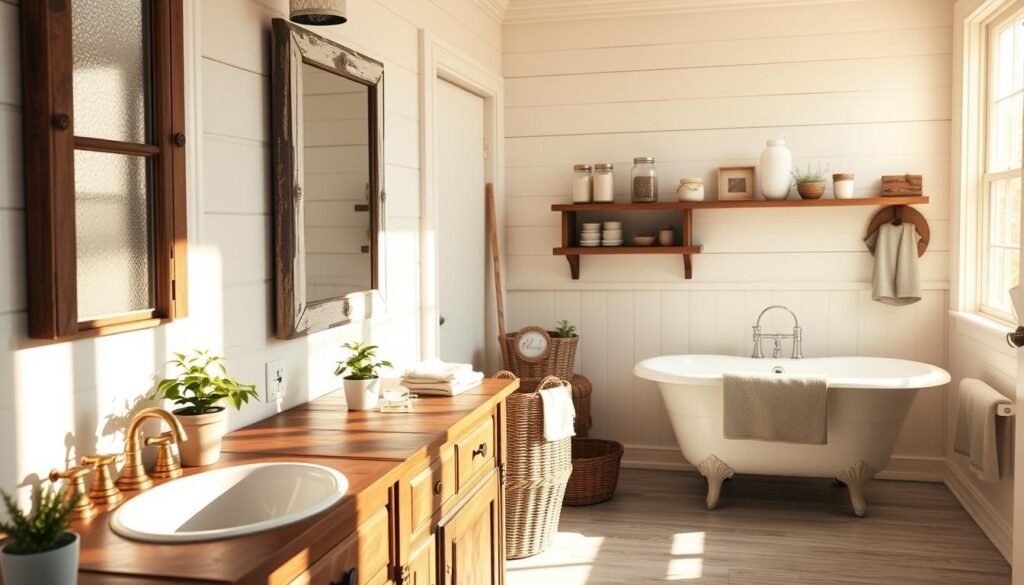 A cozy farmhouse bathroom featuring rustic decor elements. In the foreground, a vintage wooden vanity with a white porcelain sink and brass fixtures is adorned with potted greenery. Soft, warm light filters through a frosted window, casting gentle shadows. In the middle, a large mirror with a distressed wooden frame reflects the inviting atmosphere, while a woven basket holds plush towels nearby. The walls are painted in soft, muted colors, accented by shiplap paneling. In the background, a freestanding clawfoot tub is flanked by simple shelves displaying farmhouse-style decor like mason jars and handmade soap. The overall mood is serene and welcoming, ideal for a tranquil retreat. Use natural lighting to enhance the rustic charm, capturing the essence of farmhouse elegance. A cozy farmhouse bathroom featuring rustic decor elements. In the foreground, a vintage wooden vanity with a white porcelain sink and brass fixtures is adorned with potted greenery. Soft, warm light filters through a frosted window, casting gentle shadows. In the middle, a large mirror with a distressed wooden frame reflects the inviting atmosphere, while a woven basket holds plush towels nearby. The walls are painted in soft, muted colors, accented by shiplap paneling. In the background, a freestanding clawfoot tub is flanked by simple shelves displaying farmhouse-style decor like mason jars and handmade soap. The overall mood is serene and welcoming, ideal for a tranquil retreat. Use natural lighting to enhance the rustic charm, capturing the essence of farmhouse elegance.