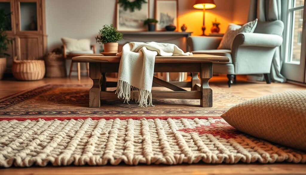 A cozy farmhouse interior showcases a beautifully layered arrangement of rugs and textiles. In the foreground, a chunky woven wool rug in soft beige contrasts with a vintage-patterned Persian rug in rich earth tones. The middle layer features a light cotton throw draped casually over a rustic wooden coffee table, adorned with a small potted plant. Soft ambient lighting casts a warm glow, enhancing the inviting atmosphere. In the background, a cozy armchair with textured fabric is placed beside a wall adorned with farmhouse art. The scene captures the essence of comfort and warmth, inviting you to step into a nurturing, rustic haven. The lens is set to a warm focal length, creating an intimate, homey feeling. A cozy farmhouse interior showcases a beautifully layered arrangement of rugs and textiles. In the foreground, a chunky woven wool rug in soft beige contrasts with a vintage-patterned Persian rug in rich earth tones. The middle layer features a light cotton throw draped casually over a rustic wooden coffee table, adorned with a small potted plant. Soft ambient lighting casts a warm glow, enhancing the inviting atmosphere. In the background, a cozy armchair with textured fabric is placed beside a wall adorned with farmhouse art. The scene captures the essence of comfort and warmth, inviting you to step into a nurturing, rustic haven. The lens is set to a warm focal length, creating an intimate, homey feeling.