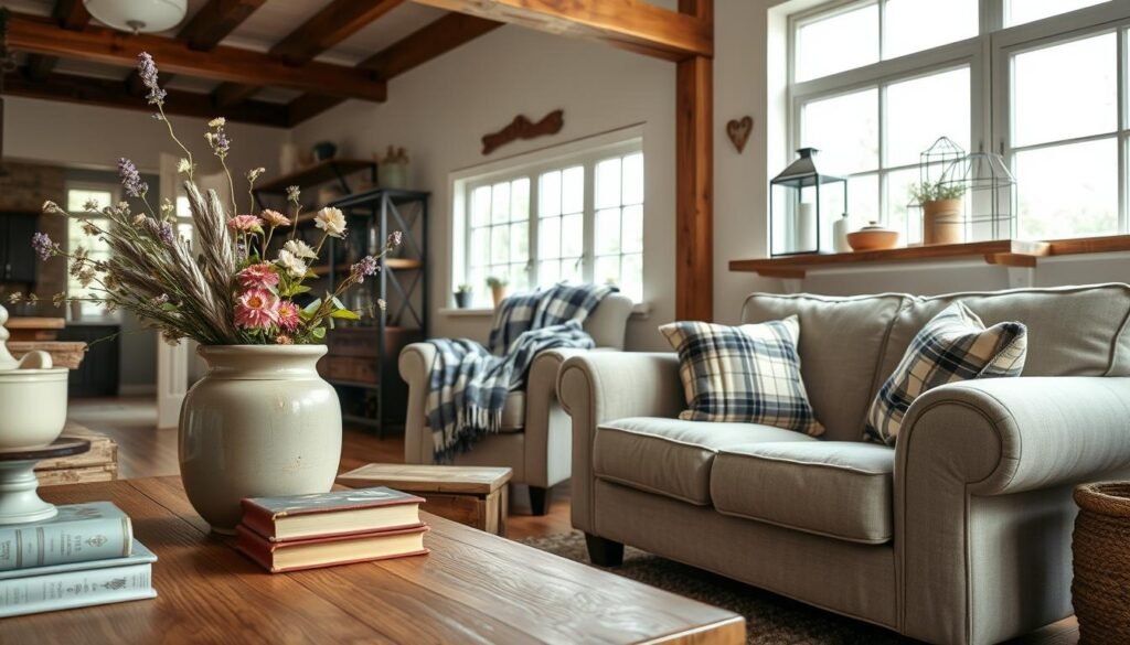 A cozy farmhouse living room scene showcasing rustic accessories that add warmth and charm. In the foreground, a wooden coffee table adorned with a vintage ceramic vase filled with wildflowers, a knitted throw blanket, and a few antique books. The middle ground features a comfortable, overstuffed armchair draped in a plaid fabric, positioned beside a reclaimed wood shelf displaying rustic decor items like lanterns, mason jars, and handmade pottery. In the background, a large window allows soft natural light to flood the space, highlighting the exposed wood beams and neutral-toned walls. The atmosphere is inviting and serene, evoking a sense of home and tranquility, perfect for accentuating your space with unique accessories. A cozy farmhouse living room scene showcasing rustic accessories that add warmth and charm. In the foreground, a wooden coffee table adorned with a vintage ceramic vase filled with wildflowers, a knitted throw blanket, and a few antique books. The middle ground features a comfortable, overstuffed armchair draped in a plaid fabric, positioned beside a reclaimed wood shelf displaying rustic decor items like lanterns, mason jars, and handmade pottery. In the background, a large window allows soft natural light to flood the space, highlighting the exposed wood beams and neutral-toned walls. The atmosphere is inviting and serene, evoking a sense of home and tranquility, perfect for accentuating your space with unique accessories.