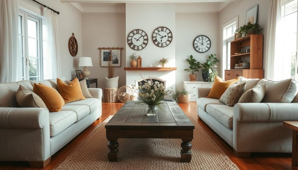 A cozy farmhouse living room with a beautiful, inviting atmosphere. In the foreground, there's a plush, oversized beige sofa adorned with soft throw pillows in earthy tones. A rustic wooden coffee table sits at the center, topped with a vase of fresh wildflowers. In the middle, light streams in through large, open windows framed with white sheer curtains, illuminating a woven jute rug covering the warm hardwood floor. A vintage fireplace with simple decor adds warmth to the room's charm. In the background, tasteful farmhouse decor, including a large vintage wall clock and a few potted indoor plants, bring the space to life. The overall mood is relaxed and welcoming, perfect for family gatherings or quiet evenings. Soft, natural lighting enhances the tranquil ambiance. A cozy farmhouse living room with a beautiful, inviting atmosphere. In the foreground, there's a plush, oversized beige sofa adorned with soft throw pillows in earthy tones. A rustic wooden coffee table sits at the center, topped with a vase of fresh wildflowers. In the middle, light streams in through large, open windows framed with white sheer curtains, illuminating a woven jute rug covering the warm hardwood floor. A vintage fireplace with simple decor adds warmth to the room's charm. In the background, tasteful farmhouse decor, including a large vintage wall clock and a few potted indoor plants, bring the space to life. The overall mood is relaxed and welcoming, perfect for family gatherings or quiet evenings. Soft, natural lighting enhances the tranquil ambiance.
