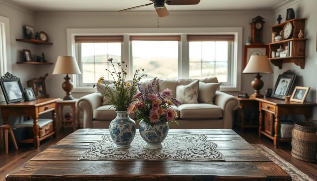 A cozy modern country living room filled with heirloom pieces and family treasures. In the foreground, a beautifully aged wooden coffee table features a vintage lace tablecloth and an antique porcelain vase filled with fresh wildflowers. The middle ground showcases a comfy sofa adorned with handcrafted cushions, flanked by two side tables displaying cherished family photos in ornate frames. On the walls, rustic shelves hold an assortment of collectibles, like a decorative clock and hand-carved figurines. Soft, warm lighting streams through large windows, creating a welcoming ambiance, while the background reveals a charming view of rolling green hills. A cozy modern country living room filled with heirloom pieces and family treasures. In the foreground, a beautifully aged wooden coffee table features a vintage lace tablecloth and an antique porcelain vase filled with fresh wildflowers. The middle ground showcases a comfy sofa adorned with handcrafted cushions, flanked by two side tables displaying cherished family photos in ornate frames. On the walls, rustic shelves hold an assortment of collectibles, like a decorative clock and hand-carved figurines. Soft, warm lighting streams through large windows, creating a welcoming ambiance, while the background reveals a charming view of rolling green hills.