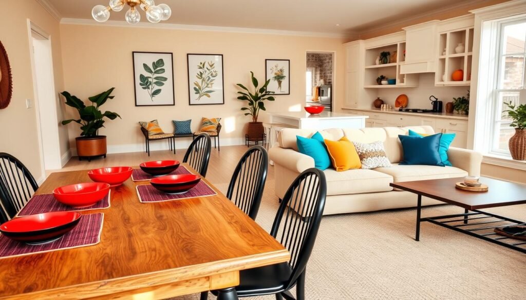 A cozy modern farmhouse interior featuring a neutral color palette with warm beige walls and a textured cream carpet. In the foreground, a rustic wooden dining table is set with bold red and navy accents, such as placemats and decorative bowls. Elegant black chairs surround the table, creating a striking contrast. The middle ground showcases an inviting living area with a plush beige sofa adorned with colorful throw pillows in vibrant colors like teal and mustard yellow. A large window allows soft, natural light to fill the space, highlighting botanical wall art and a potted indoor plant. The background reveals a gleaming white kitchen with open shelving displaying eye-catching dishware. The scene exudes a warm, welcoming atmosphere, embodying a perfect balance of neutral tones and bold accents. A cozy modern farmhouse interior featuring a neutral color palette with warm beige walls and a textured cream carpet. In the foreground, a rustic wooden dining table is set with bold red and navy accents, such as placemats and decorative bowls. Elegant black chairs surround the table, creating a striking contrast. The middle ground showcases an inviting living area with a plush beige sofa adorned with colorful throw pillows in vibrant colors like teal and mustard yellow. A large window allows soft, natural light to fill the space, highlighting botanical wall art and a potted indoor plant. The background reveals a gleaming white kitchen with open shelving displaying eye-catching dishware. The scene exudes a warm, welcoming atmosphere, embodying a perfect balance of neutral tones and bold accents.