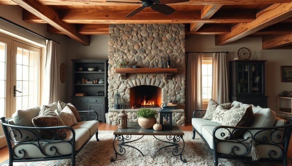 A cozy stone fireplace as the focal point of a rustic farmhouse living room, surrounded by warm, exposed wooden beams overhead. The fireplace is adorned with a mix of textured stones in earthy tones, radiating a gentle glow from a crackling fire within. In the foreground, a plush area rug lies beneath wrought-iron furniture, while soft pillows in muted hues add warmth and comfort. In the middle ground, a vintage coffee table is set with quaint decor elements like a potted plant and artisanal lanterns. The background features large windows draped with flowing curtains, allowing natural light to filter in, enhancing the inviting atmosphere. Captured from a slightly elevated angle, the scene evokes a tranquil, sophisticated mood, embodying the essence of farmhouse charm. A cozy stone fireplace as the focal point of a rustic farmhouse living room, surrounded by warm, exposed wooden beams overhead. The fireplace is adorned with a mix of textured stones in earthy tones, radiating a gentle glow from a crackling fire within. In the foreground, a plush area rug lies beneath wrought-iron furniture, while soft pillows in muted hues add warmth and comfort. In the middle ground, a vintage coffee table is set with quaint decor elements like a potted plant and artisanal lanterns. The background features large windows draped with flowing curtains, allowing natural light to filter in, enhancing the inviting atmosphere. Captured from a slightly elevated angle, the scene evokes a tranquil, sophisticated mood, embodying the essence of farmhouse charm.