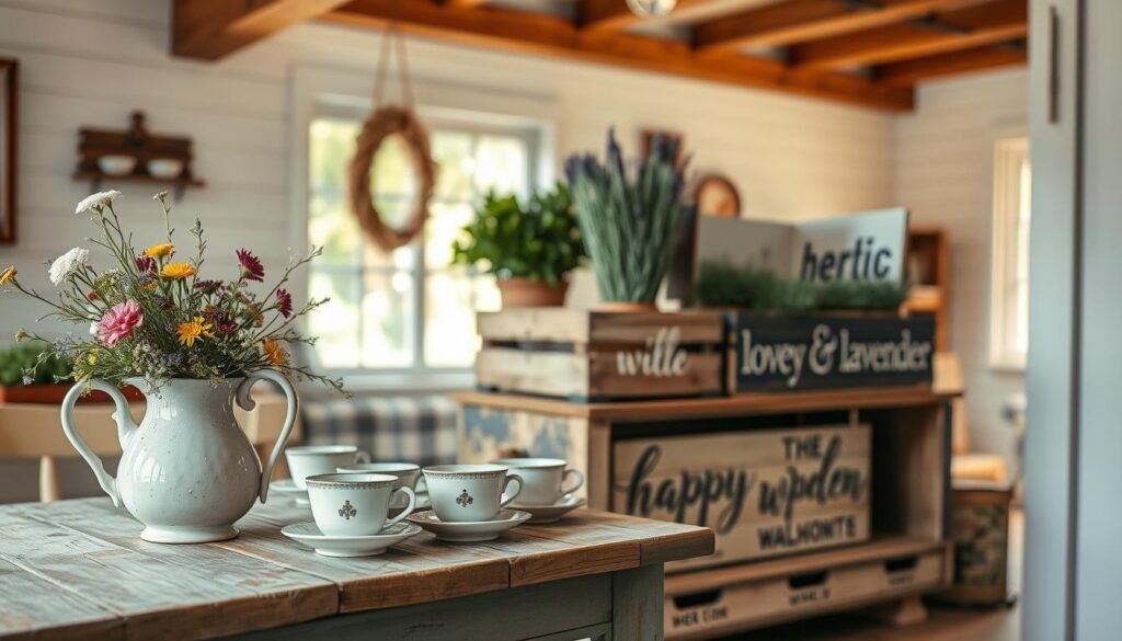 A cozy vintage farmhouse scene featuring a curated collection of decor pieces that evoke a rustic charm. In the foreground, there is a distressed wooden table adorned with an antique ceramic pitcher, wildflowers, and a collection of mismatched vintage teacups. The middle ground showcases a set of upcycled wooden crates and handcrafted signs with charming lettering, filled with potted herbs and dried lavender. In the background, soft light filters through a window, revealing shiplap walls and warm wooden beams, creating a welcoming ambiance. The overall mood is warm and inviting, ideal for embodying the essence of farmhouse decor. A cozy vintage farmhouse scene featuring a curated collection of decor pieces that evoke a rustic charm. In the foreground, there is a distressed wooden table adorned with an antique ceramic pitcher, wildflowers, and a collection of mismatched vintage teacups. The middle ground showcases a set of upcycled wooden crates and handcrafted signs with charming lettering, filled with potted herbs and dried lavender. In the background, soft light filters through a window, revealing shiplap walls and warm wooden beams, creating a welcoming ambiance. The overall mood is warm and inviting, ideal for embodying the essence of farmhouse decor.
