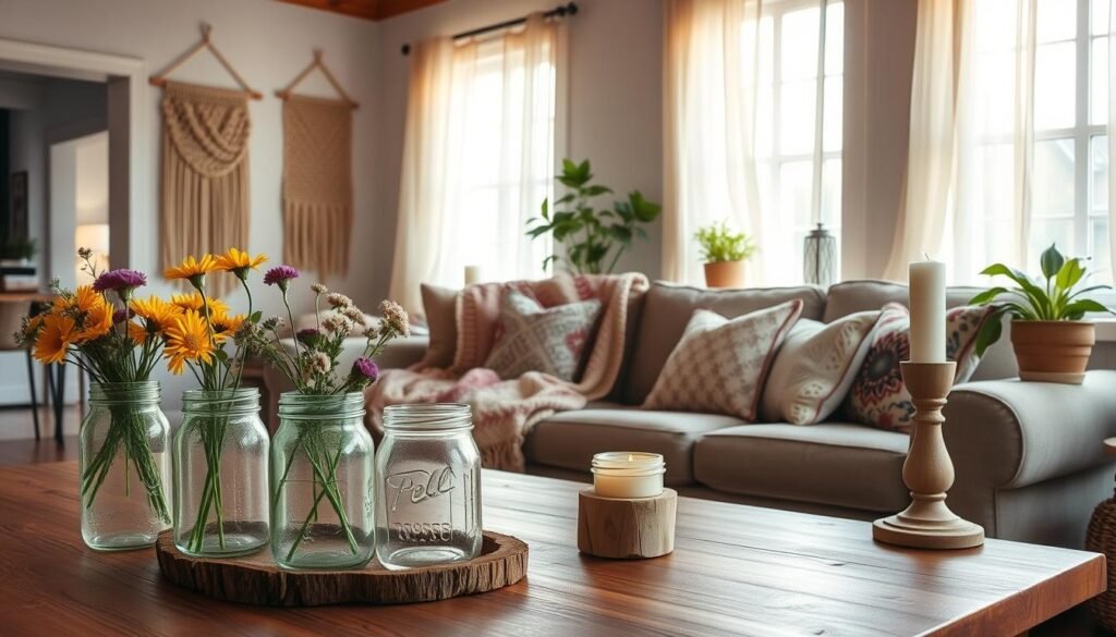 A cozy, well-lit living room filled with various DIY home decor projects. In the foreground, a rustic wooden table showcases handcrafted items like painted mason jars filled with fresh wildflowers and elegant candle holders made from reclaimed wood. The middle ground features a comfortable sofa draped with a colorful knitted throw and patterned cushions, complemented by a handmade macramé wall hanging. In the background, large windows let in warm, natural light, illuminating airy sheer curtains and a delicate potted plant on the windowsill. The atmosphere is warm and inviting, exuding a personalized, modern country charm, perfect for a home decor inspiration. A cozy, well-lit living room filled with various DIY home decor projects. In the foreground, a rustic wooden table showcases handcrafted items like painted mason jars filled with fresh wildflowers and elegant candle holders made from reclaimed wood. The middle ground features a comfortable sofa draped with a colorful knitted throw and patterned cushions, complemented by a handmade macramé wall hanging. In the background, large windows let in warm, natural light, illuminating airy sheer curtains and a delicate potted plant on the windowsill. The atmosphere is warm and inviting, exuding a personalized, modern country charm, perfect for a home decor inspiration.