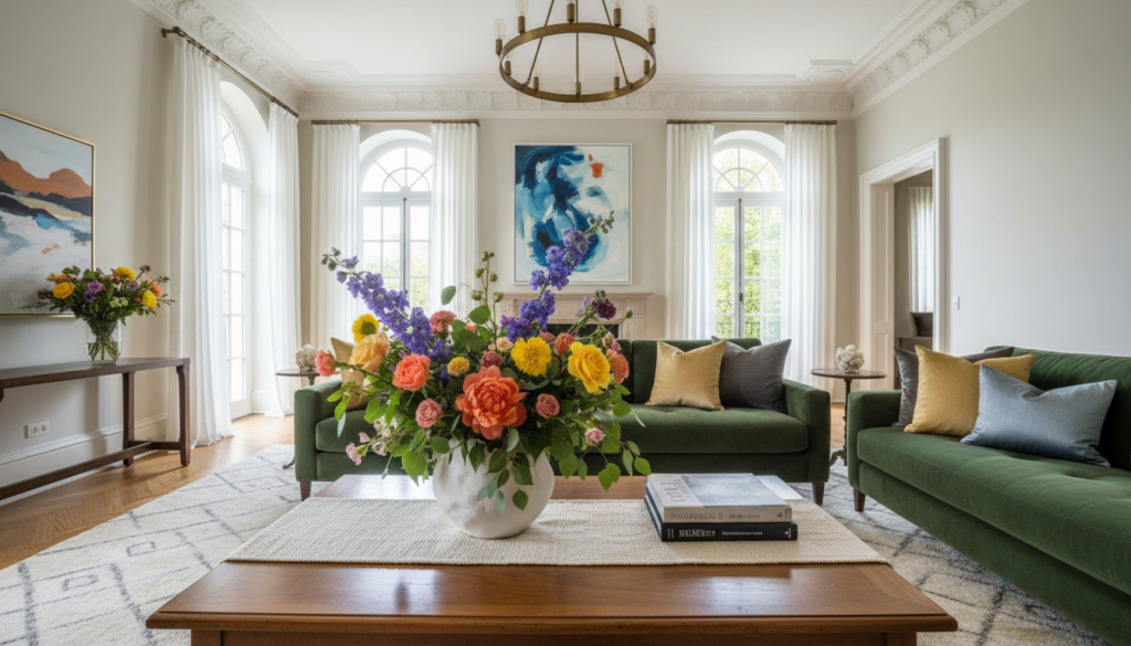 A luxurious interior space showcasing the principles of scale and proportion. In the foreground, a beautifully styled coffee table adorned with a textured table runner, an oversized vase filled with vibrant flowers, and a stack of art books, illustrating thoughtful layering and balance. The middle ground features an elegant sofa with carefully chosen throw pillows in complementary colors and varying textures, emphasizing comfort and style. In the background, tall windows allow soft natural light to flood the room, highlighting the high ceilings and a large abstract painting that enhances the sense of space. The mood is sophisticated yet inviting, showcasing how luxury can be achieved through mindful design choices.