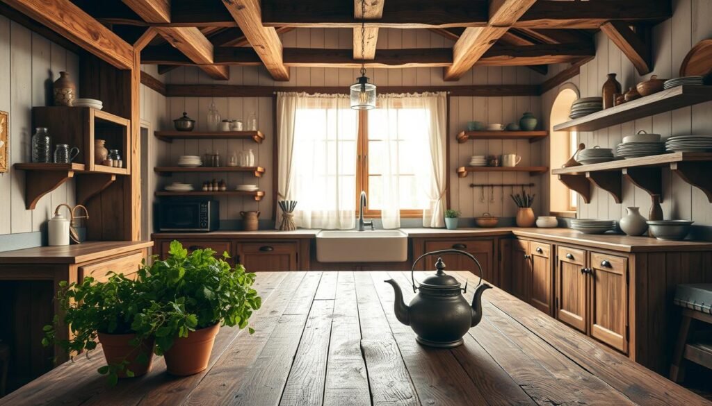 A rustic farmhouse kitchen, featuring wooden beams and a wide, beautifully weathered table at the center. The foreground showcases a collection of fresh herbs in terracotta pots and a vintage teapot. In the middle, there's a large farmhouse sink with a vintage faucet, surrounded by natural wood cabinetry adorned with open shelves holding glass jars and quaint dinnerware. The background presents a large window with sheer white curtains, allowing soft, warm sunlight to pour in, casting gentle shadows across the rustic tile floor. The atmosphere is warm and inviting, evoking a sense of home and comfort, with a color palette of earthy tones and soft whites. The perspective is a slightly elevated view, capturing the essence of cozy farmhouse living. A rustic farmhouse kitchen, featuring wooden beams and a wide, beautifully weathered table at the center. The foreground showcases a collection of fresh herbs in terracotta pots and a vintage teapot. In the middle, there's a large farmhouse sink with a vintage faucet, surrounded by natural wood cabinetry adorned with open shelves holding glass jars and quaint dinnerware. The background presents a large window with sheer white curtains, allowing soft, warm sunlight to pour in, casting gentle shadows across the rustic tile floor. The atmosphere is warm and inviting, evoking a sense of home and comfort, with a color palette of earthy tones and soft whites. The perspective is a slightly elevated view, capturing the essence of cozy farmhouse living.