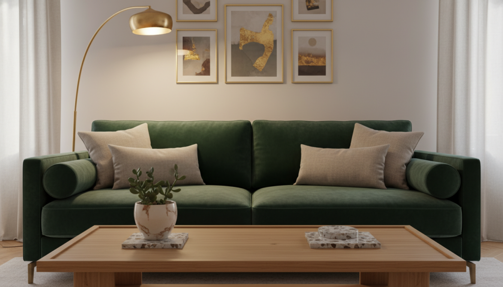 A sophisticated, minimalist interior showcasing luxe material alternatives. In the foreground, a stylish coffee table made from sustainable bamboo, topped with eco-friendly marble coasters and a small succulent in a high-quality ceramic pot. The middle features a plush velvet sofa in deep forest green, layered with soft cashmere throw pillows. Behind it, a warm, ambient glow emanates from a brass floor lamp with a sculptural design. Natural light streams through sheer linen curtains, adding a soft, inviting atmosphere. The background reveals a wall with a tasteful arrangement of art prints—featuring gold accents and neutral tones—that enhances the feeling of elegance. The scene captures a cozy yet refined vibe, perfect for illustrating smart choices in materials and lighting for a luxe look.