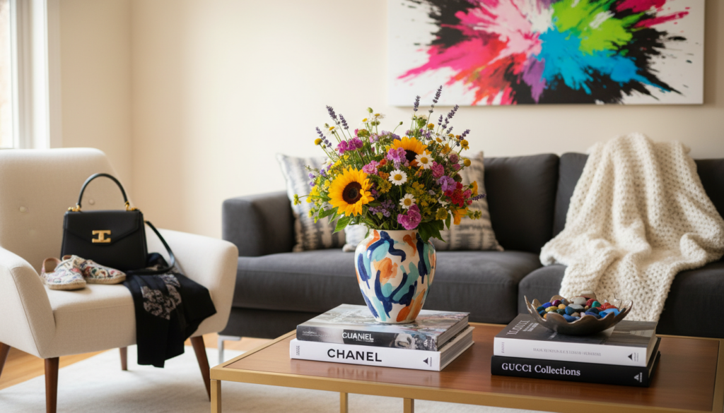 A stylish living space elegantly styled to showcase the concept of mixing high and low-end pieces. In the foreground, a chic coffee table displays a mixture of premium designer books and affordable decorative items like a colorful vase with fresh flowers. In the middle, a fashionable outfit lays draped over a stylish chair, featuring a high-end handbag paired with budget-friendly shoes. Behind this, a modern and inviting living room features a sleek couch adorned with an upscale throw blanket juxtaposed with an eye-catching, low-cost art piece on the wall. The lighting is soft and warm, creating an inviting atmosphere, with a gentle focus that draws attention to the contrasting elements.