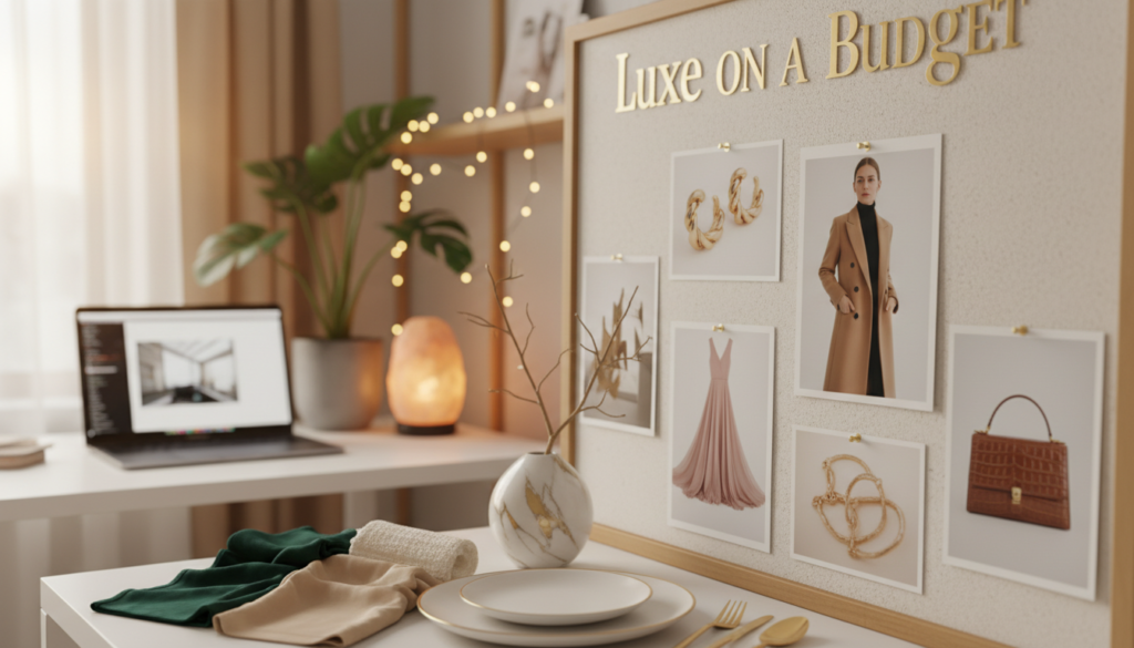 A stylish mood board titled "Luxe on a Budget" showcasing high-end fashion and elegant home decor inspirations. In the foreground, include fabric swatches in rich textures like velvet and silk, alongside polished decorative items like a marble vase and gold-accented tableware. The middle ground features images of chic outfits—tailored jackets, classic dresses, and statement accessories—arranged aesthetically on a soft, neutral backdrop. In the background, a softly lit workspace with greenery and mood lighting enhances the sophisticated atmosphere. Capture a luxurious, yet attainable vibe throughout.