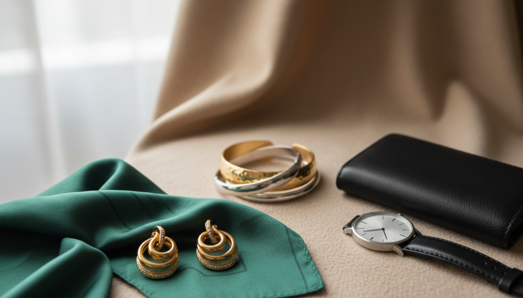 An elegant flat lay arrangement showcasing luxe accessories and details. In the foreground, a pair of opulent gold earrings with intricate designs, a delicate silk scarf in rich emerald green, and a sleek black leather wallet. The middle layer features a set of polished metallic bracelets stacked together, alongside a stylish watch displaying a minimalist design. In the background, a soft-focus luxurious fabric drape in warm beige adds texture, illuminated by soft, diffused natural light to create an inviting atmosphere. The overall mood is sophisticated and aspirational, evoking a sense of high-end fashion that is accessible. Use a macro lens for detail, capturing the refined textures and finishes of the accessories without any text or branding.