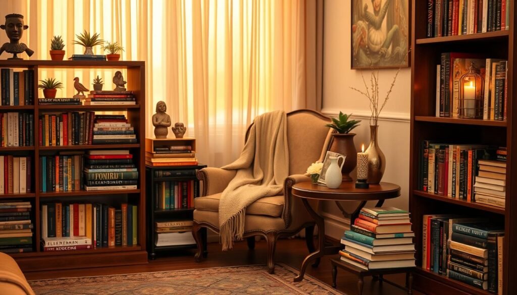 curated books and decorative items