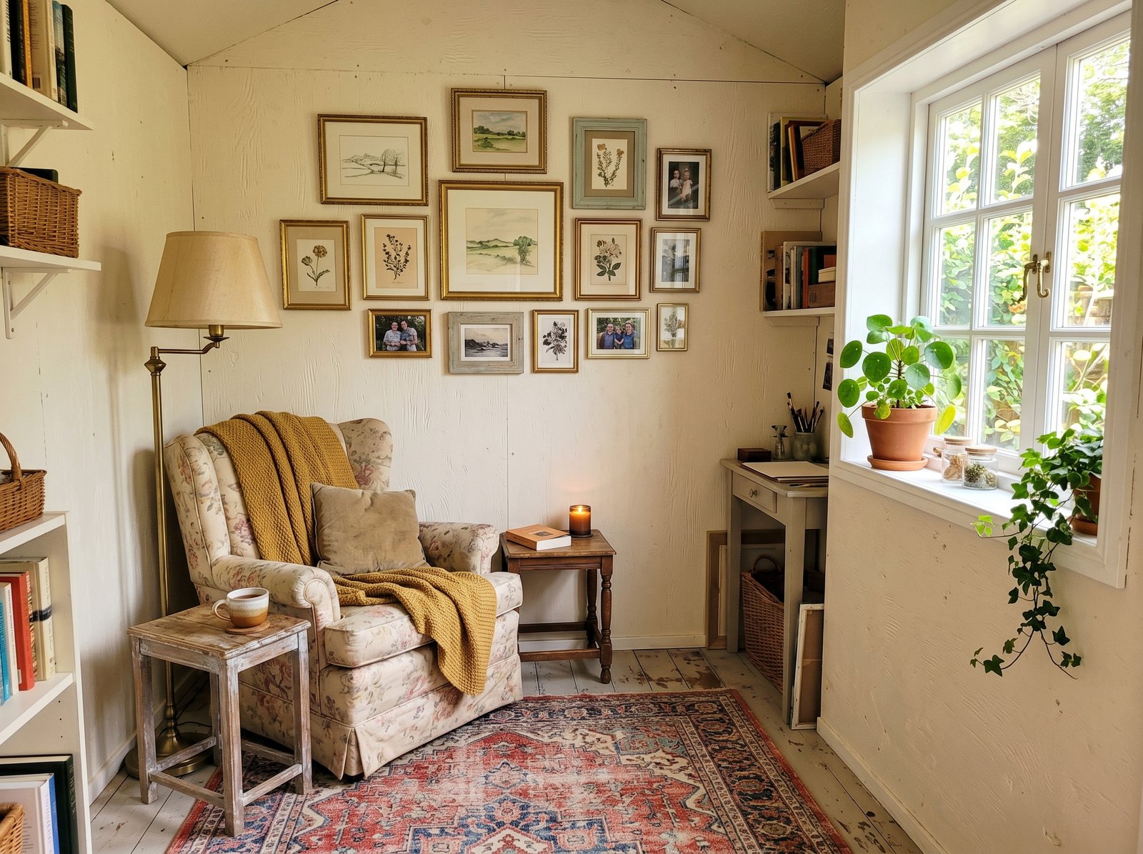 A budget she shed with painted plywood walls, a thrifted armchair, and a gallery wall