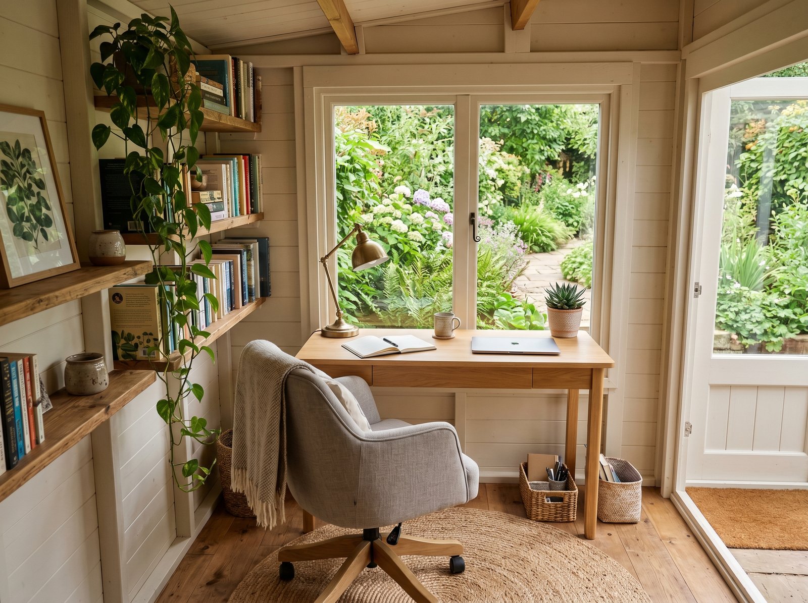 A she shed office with a wood desk at the window, task chair, and open shelving