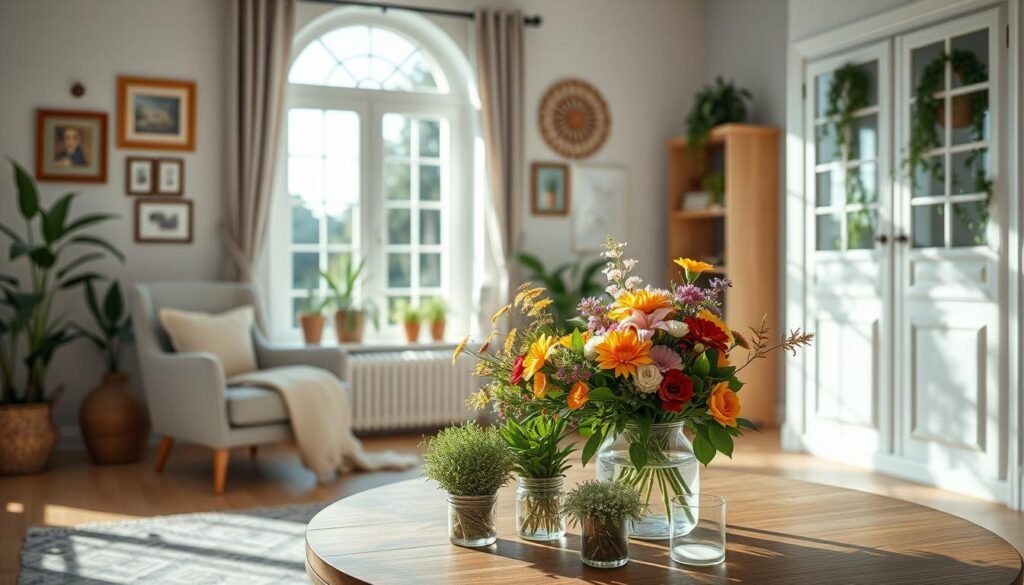 fresh flowers and greenery room decor