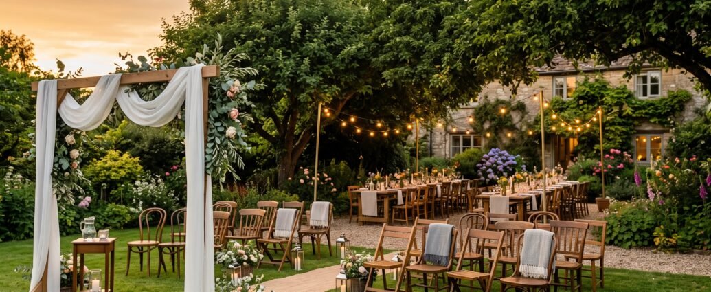 A small backyard wedding at golden hour with a draped arch, lawn seating, and a long table under string lights