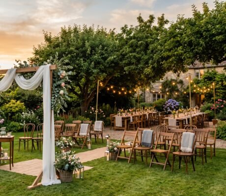 A small backyard wedding at golden hour with a draped arch, lawn seating, and a long table under string lights