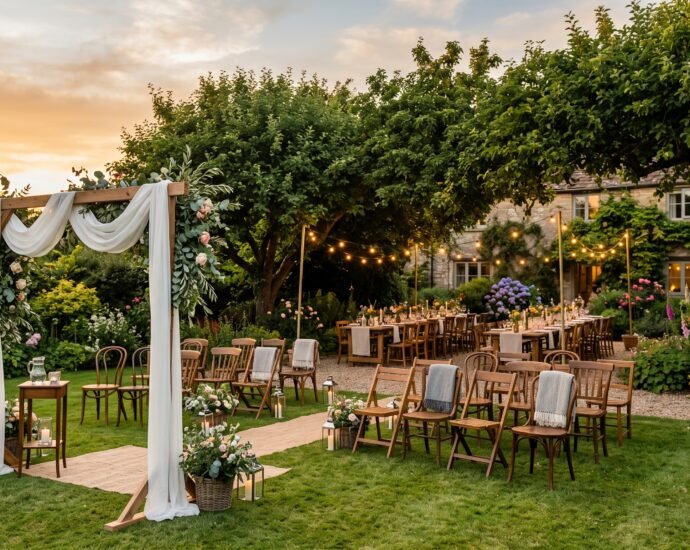 A small backyard wedding at golden hour with a draped arch, lawn seating, and a long table under string lights