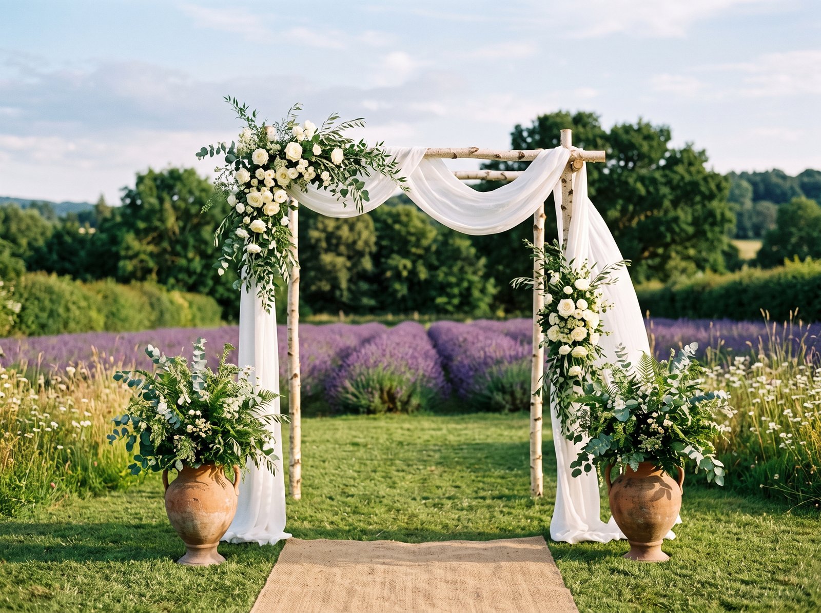 A simple birch wedding arch draped with white fabric and eucalyptus on a backyard lawn