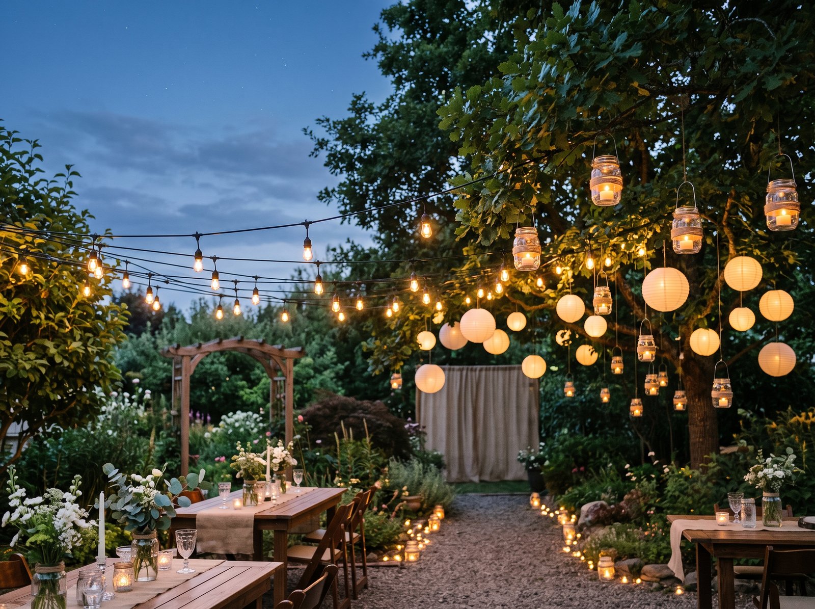 Layered cafe string lights and DIY mason-jar lanterns glowing over a garden at twilight