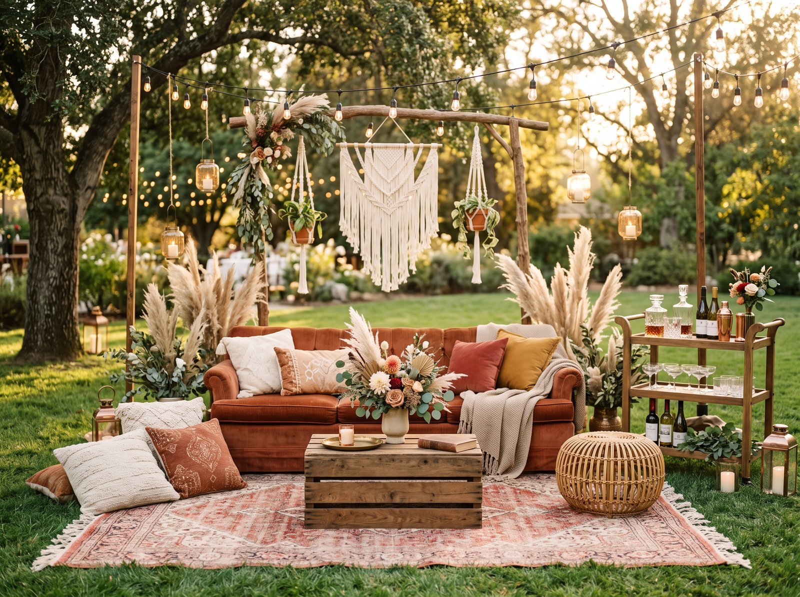 A boho backyard wedding lounge with floor cushions, a thrifted sofa, and a rustic bar cart