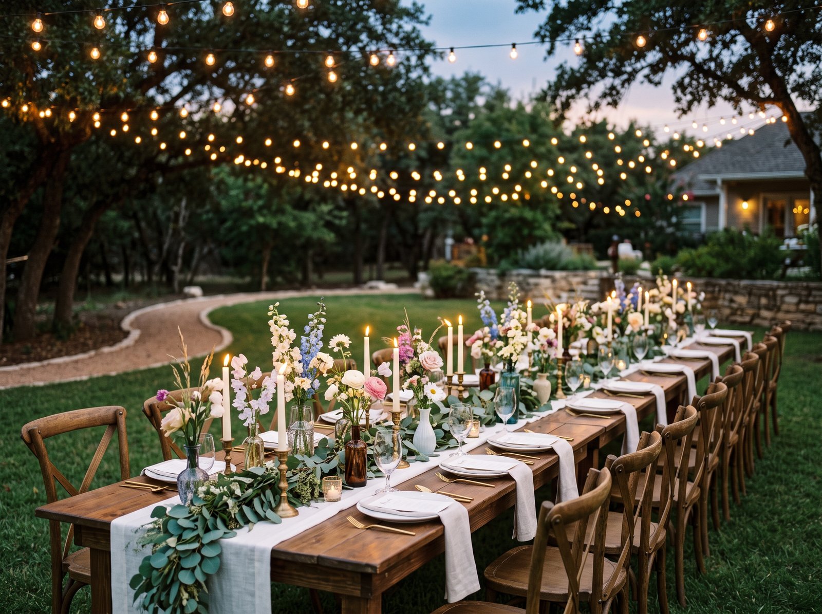 A long backyard wedding table with a eucalyptus garland, candles, and string lights at dusk