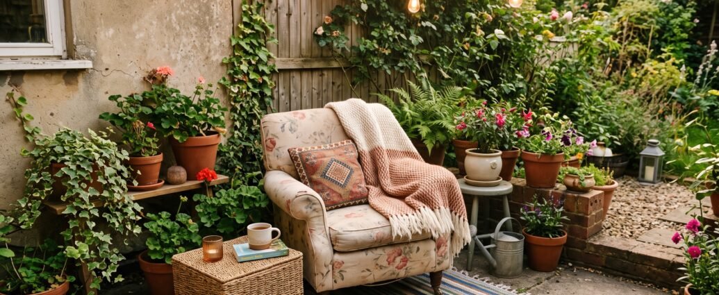 Small budget patio styled as a cozy outdoor room with a secondhand armchair, striped rug, potted plants, and string lights