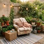 Small budget patio styled as a cozy outdoor room with a secondhand armchair, striped rug, potted plants, and string lights