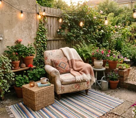 Small budget patio styled as a cozy outdoor room with a secondhand armchair, striped rug, potted plants, and string lights