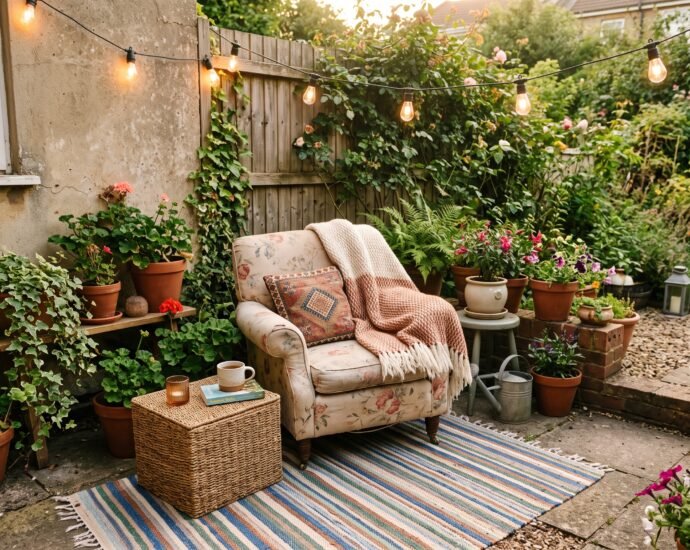 Small budget patio styled as a cozy outdoor room with a secondhand armchair, striped rug, potted plants, and string lights