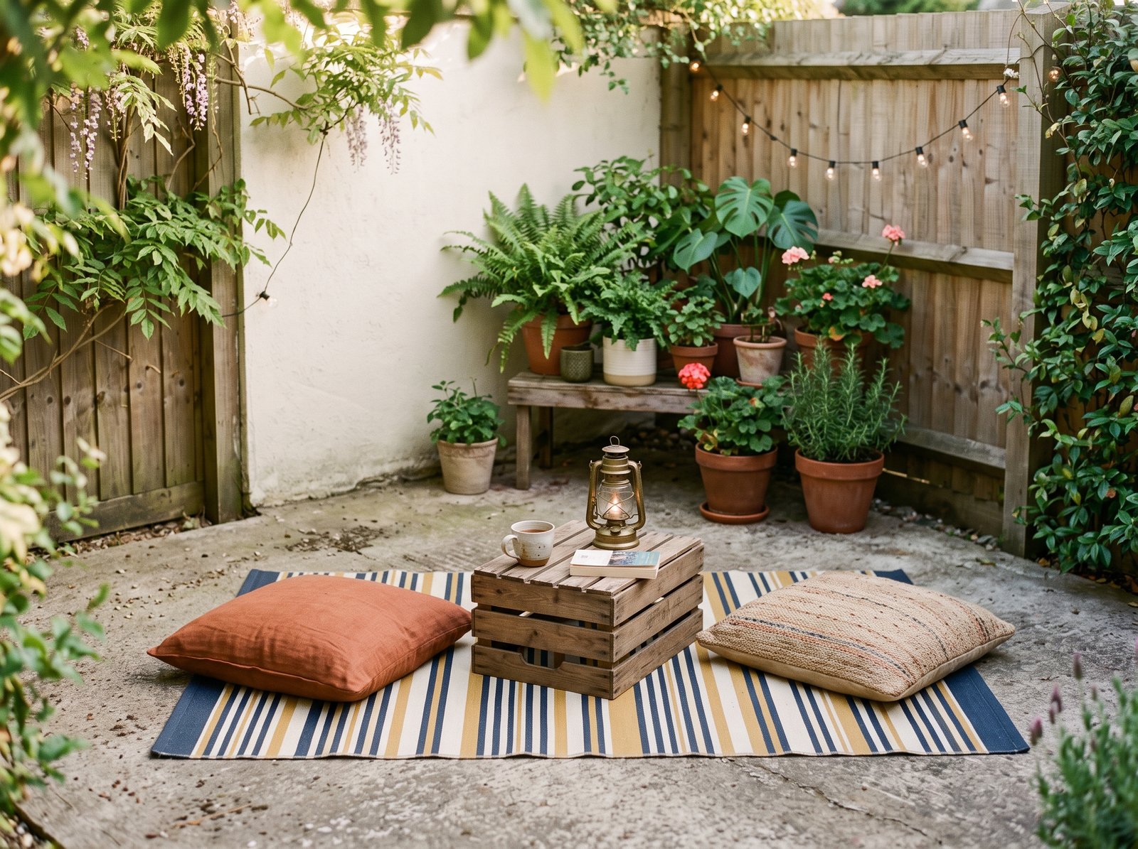 Small concrete patio with a striped outdoor rug, floor cushions, and a wooden crate table defining a seating zone