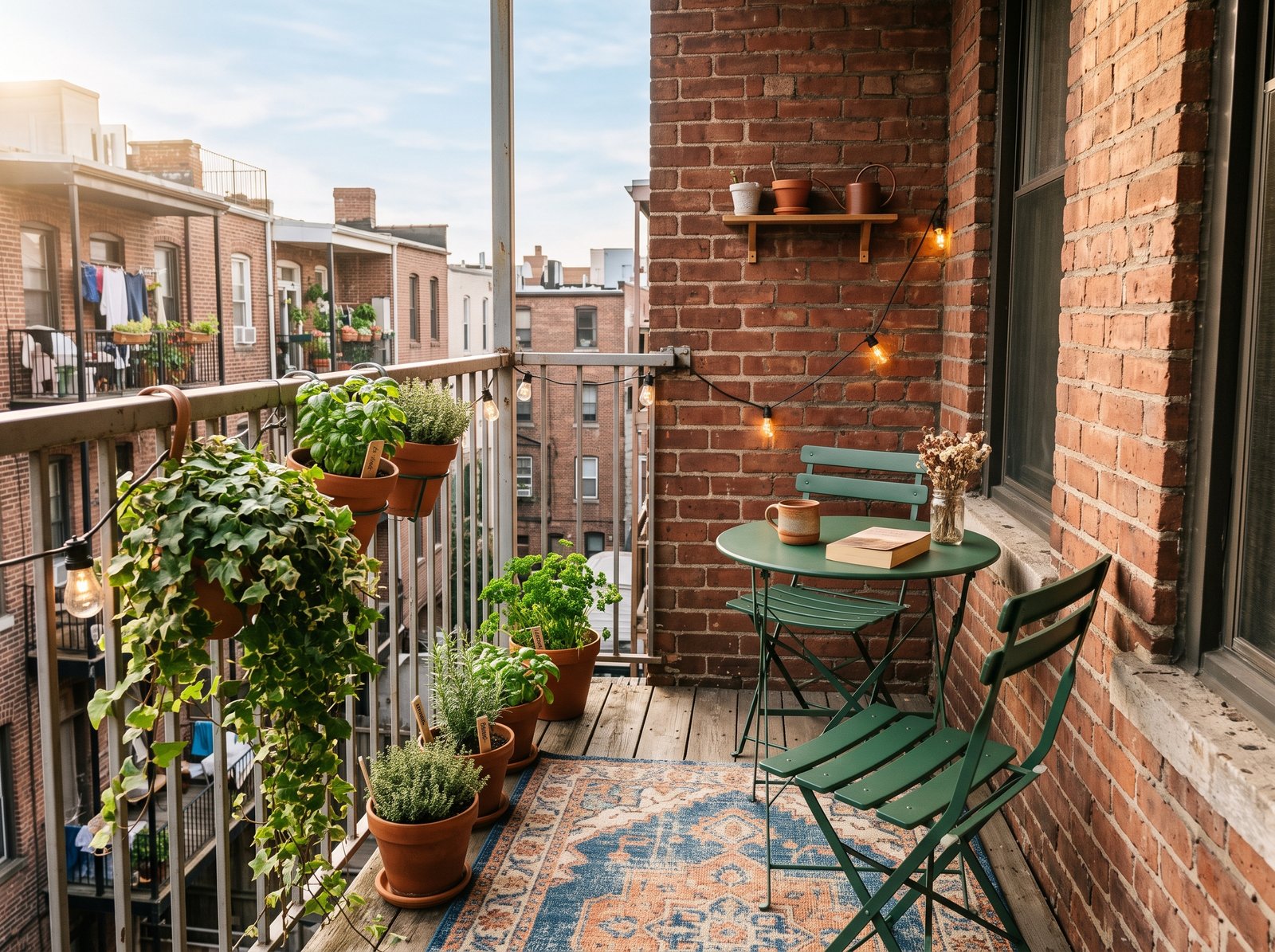 Tiny apartment balcony with a folding bistro set, potted herbs on the railing, and a small outdoor rug