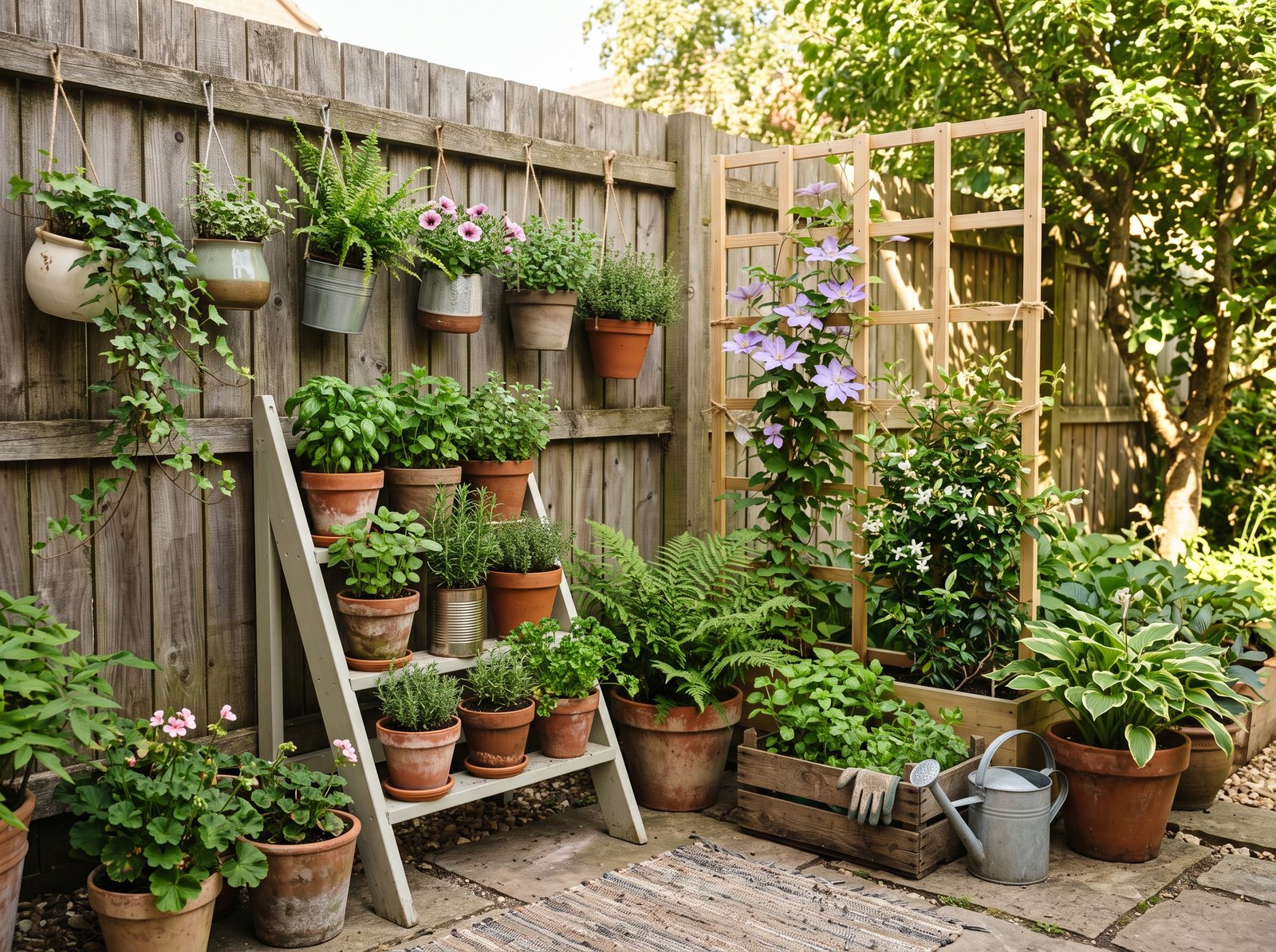 Small patio corner with a vertical garden, plants on a trellis, hanging pots on a fence, and herbs in a tiered stand
