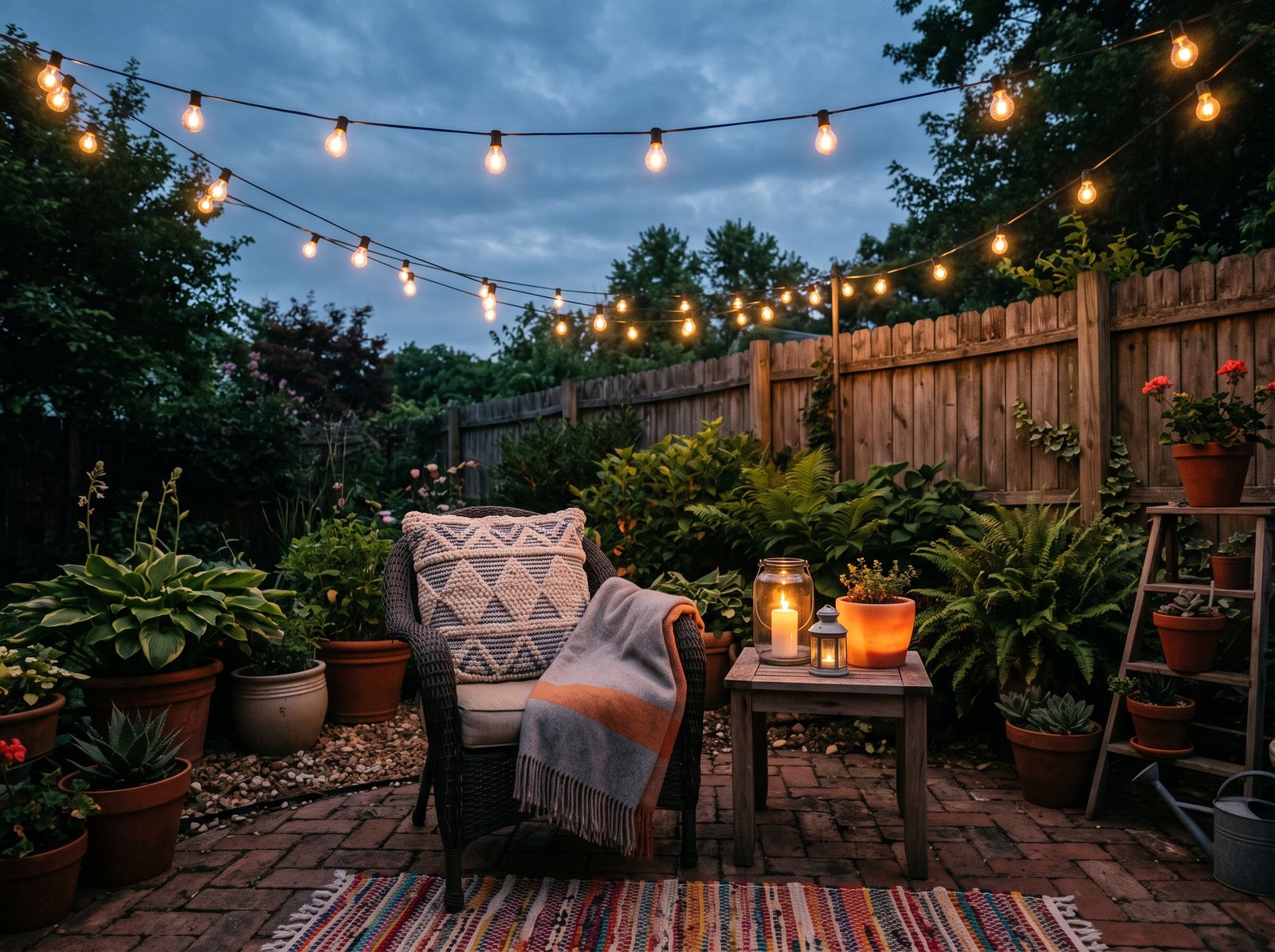 Small patio glowing at dusk with warm string lights overhead, lanterns, candles, and a cushioned chair