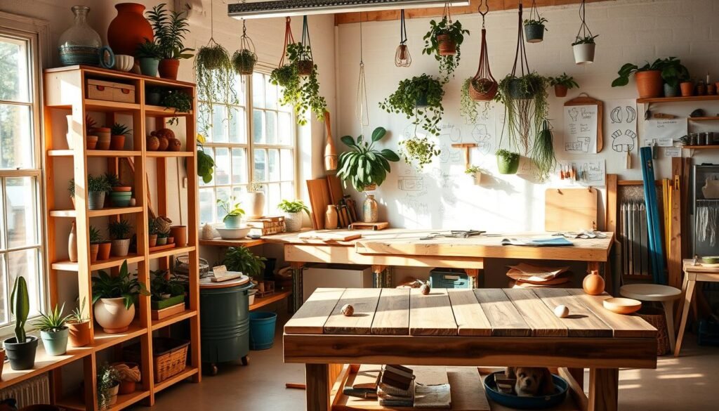 A cozy, bright workshop filled with innovative DIY projects for home decor. In the foreground, a beautifully crafted wooden shelf showcasing a collection of colorful plant pots and handmade crafts. The middle layer features a large workbench with tools, materials, and a partially assembled DIY furniture piece, such as a unique coffee table made from reclaimed wood. The background includes a wall adorned with inspirational DIY project sketches and hanging plants, creating a vibrant yet organized atmosphere. Soft, natural lighting streams in through a large window, casting warm shadows. The scene encapsulates a creative, inviting mood, perfect for someone passionate about crafting a handmade home.