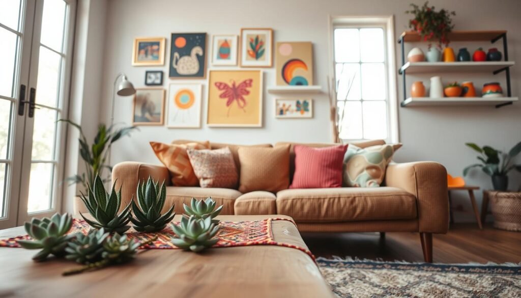 A cozy, inviting room showcasing a unique home aesthetic color scheme. In the foreground, a handcrafted wooden coffee table adorned with succulents and a colorful, woven table runner. The middle ground features a warm, textured couch in muted earth tones paired with bright, patterned throw pillows. A gallery wall displaying art pieces in vibrant colors adds character and personality, while hand-painted ceramics are strategically placed on floating shelves. In the background, large windows allow soft, natural light to filter in, creating a bright and airy atmosphere. The overall mood is warm and creative, emphasizing DIY elements and inspiring a sense of comfort and individuality. The angle is slightly downward, focusing on the interplay of colors and textures throughout the room.