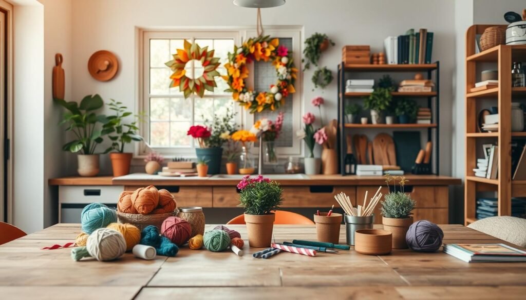 A cozy, inviting scene showcasing year-round DIY inspiration trends for a handmade home. In the foreground, a wooden table adorned with colorful craft supplies like yarn, paint, and potted plants. In the middle, a large window floods the space with warm, natural light, revealing a well-organized workspace filled with handmade decorations reflecting seasonal themes—a wreath of autumn leaves, spring flowers in jars, summer beach-inspired decor, and winter greenery. In the background, shelves filled with neatly arranged tools and DIY books. The atmosphere is warm and creative, evoking a sense of productivity and artistry. Soft focus on the background, with a slight vignette effect to draw attention to the vibrant, engaging kitchen workspace.