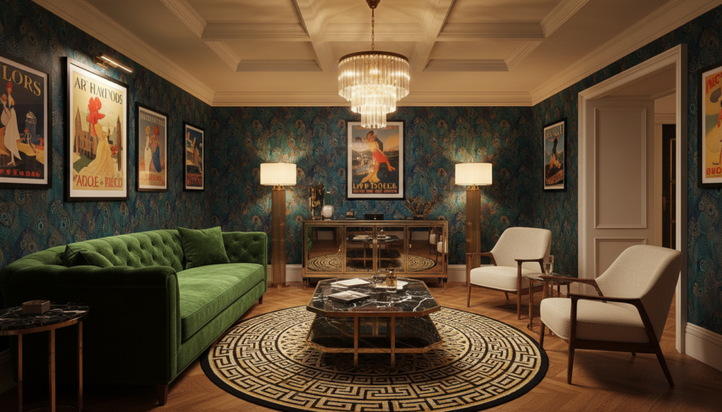 A luxurious Art Deco interior featuring iconic pieces such as a velvet tufted sofa, a geometric-patterned coffee table with gold accents, and a sleek, mirrored sideboard. The foreground showcases a lavish rug with intricate designs, surrounded by elegant, mid-century armchairs. In the middle ground, tall, elegant floor lamps with stylish shades illuminate the space, while a large, ornate chandelier hangs from the ceiling, casting shimmering light. The background reveals richly wallpapered walls adorned with vintage Art Deco prints. The atmosphere is opulent and inviting, with dramatic shadows created by warm, indirect lighting. The angle captures the essence of a chic lounge, inviting viewers into a world of sophistication and glamour.