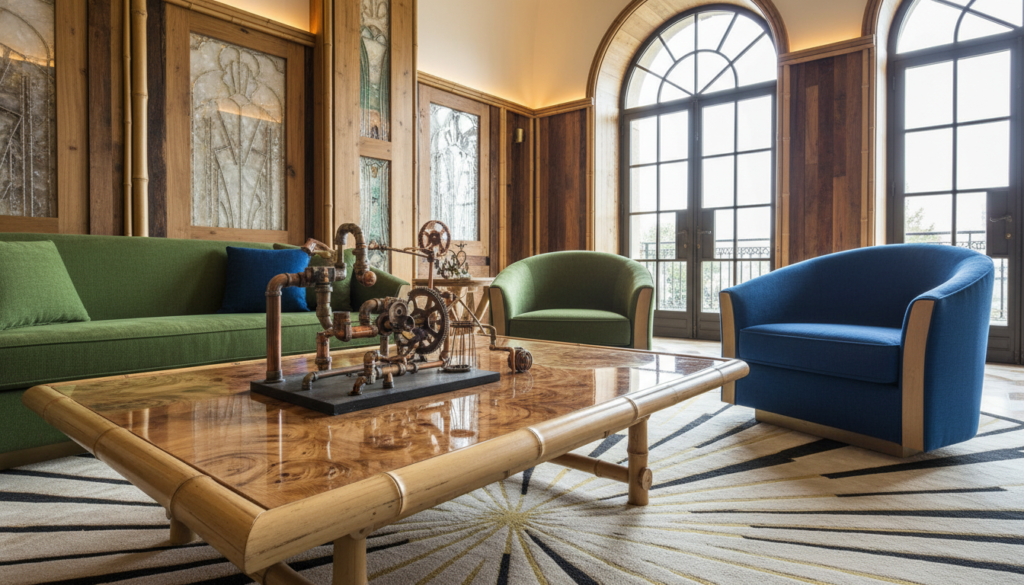 A luxurious interior space inspired by modern Art Deco, incorporating sustainable materials like bamboo, reclaimed wood, and recycled glass. In the foreground, a stunning coffee table crafted from polished, eco-friendly materials, adorned with decorative objects made from upcycled metals, casting reflections. The middle ground features elegant furniture upholstered in organic fabrics, with a dramatic geometric-patterned rug beneath. In the background, large windows allow natural light to flood the space, highlighting the rich textures and vibrant colors of the decor. Soft, diffused lighting enhances the glamorous yet eco-conscious atmosphere, while the composition is shot from a slight angle to capture depth and elegance. The overall mood is sophisticated and inviting, showcasing a harmonious blend of luxury and sustainability in a modern Art Deco setting.