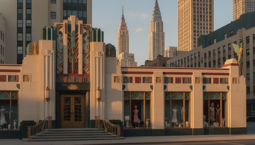 A stunning representation of 1920s Art Deco architecture featuring bold geometric patterns, intricate detailing, and sleek lines. In the foreground, an elegant entrance with a grand staircase leads to double doors adorned with stylized motifs. The middle ground includes tall, faceted columns and luxurious window displays that highlight the glamour of the era. The buildings are richly embellished, showcasing decorative sculptures and vibrant colors typical of the Art Deco style. In the background, a skyline dotted with iconic structures reflects the optimism of the Roaring Twenties. Warm golden hour lighting bathes the scene, enhancing the warm tones and creating a nostalgic atmosphere.