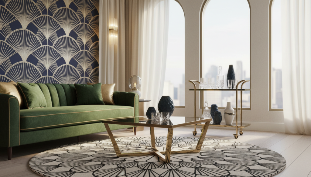 A stylish contemporary interior showcasing Art Deco design elements. In the foreground, a sleek velvet sofa in deep emerald green, adorned with gold-accented cushions. A geometric coffee table with a glass top and bold metallic legs sits in front, complemented by a tasteful round rug featuring classic Art Deco patterns. In the middle, a stylish bar cart with crystalware and a collection of decorative vases, all set against a wall with elegant art deco wallpaper. The background features large, arched windows with sheer drapes that allow soft, natural light to flood the space, creating a warm atmosphere. The overall mood is luxurious and inviting, capturing the essence of modern Art Deco in home design.