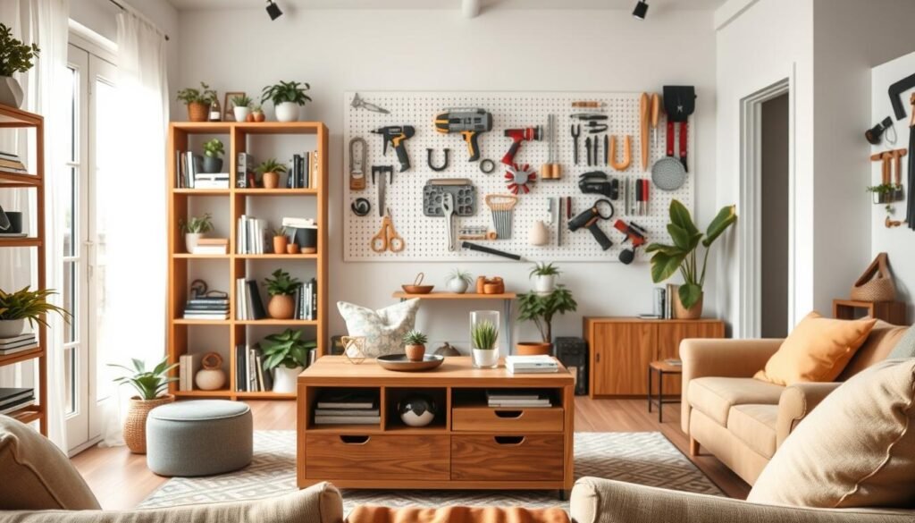 A stylish, modern living space showcasing innovative DIY storage solutions. In the foreground, a beautifully crafted wooden shelving unit is filled with neatly organized books, plants, and decorative items. The middle ground features a minimalist coffee table with hidden compartments, surrounded by comfortable seating in warm, neutral tones. In the background, a bright, airy window allows soft natural light to flood the room, highlighting a wall-mounted pegboard filled with tools and supplies for crafting. The overall atmosphere is inviting and functional, exuding a sense of warmth and creativity, captured with a soft focus lens at eye level, emphasizing the harmony between style and practicality.
