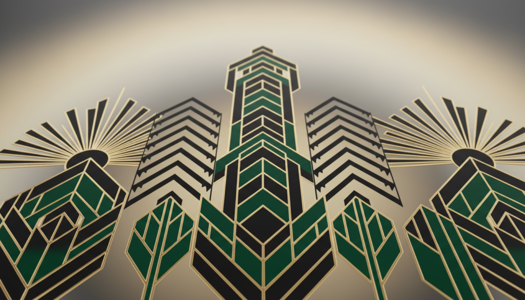 Vibrant art deco geometric patterns fill the image, showcasing bold symmetrical designs with intricate lines and angles. In the foreground, elegant overlapping shapes of gold, black, and emerald green create a striking visual tapestry. The middle ground features a series of dynamic, stylized motifs such as sunbursts, chevrons, and zigzags, all meticulously arranged to reflect the iconic elegance of the Art Deco movement. The background displays a soft, muted gradient that contrasts with the vibrant patterns, enhancing the overall depth of the composition. The lighting is soft and diffused, evoking a sense of sophistication and glamour, while an overhead angle captures the intricate details of the geometric elements, inviting the viewer to appreciate their complexity and beauty. The atmosphere is one of luxurious revival, perfectly embodying the spirit of modern Art Deco in interiors.
