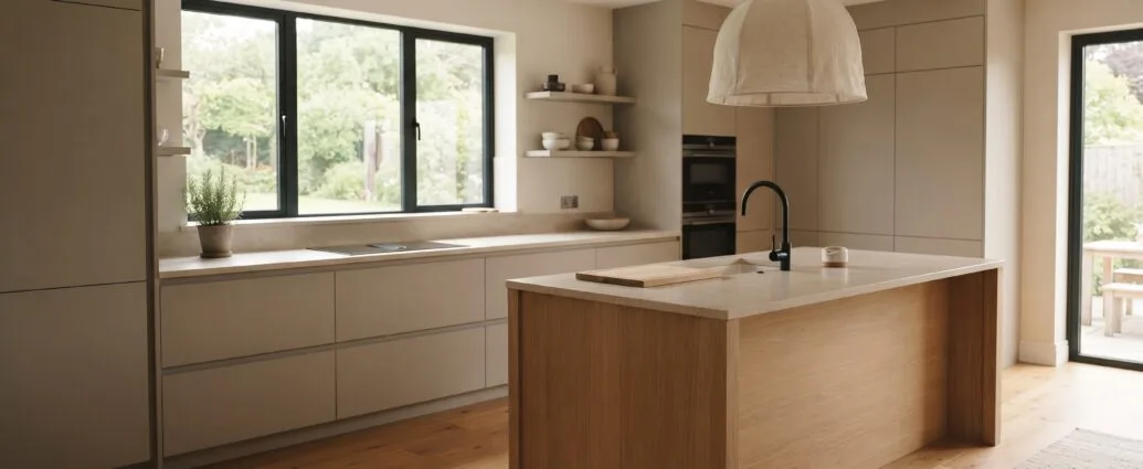 Warm minimalist kitchen with handleless greige cabinets, a light oak island, and clear stone countertops in soft morning light