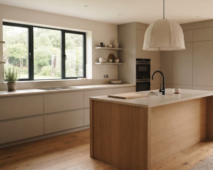 Warm minimalist kitchen with handleless greige cabinets, a light oak island, and clear stone countertops in soft morning light