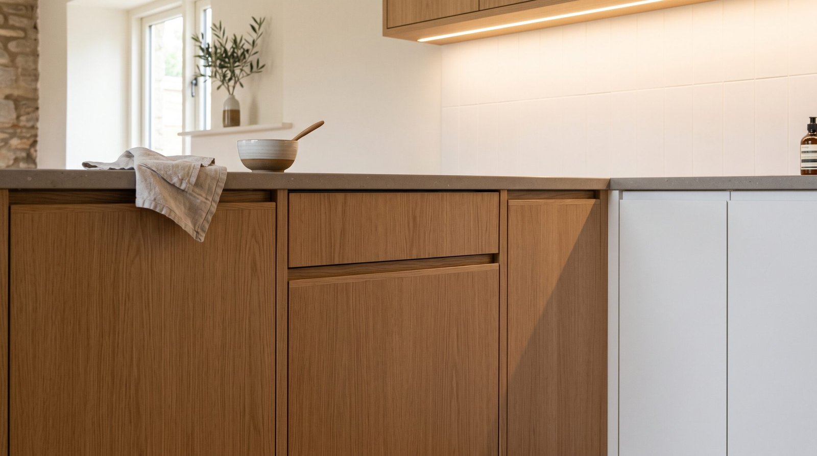 Minimalist kitchen cabinets with handleless flat-front doors in soft white and warm oak and glowing under-cabinet lighting