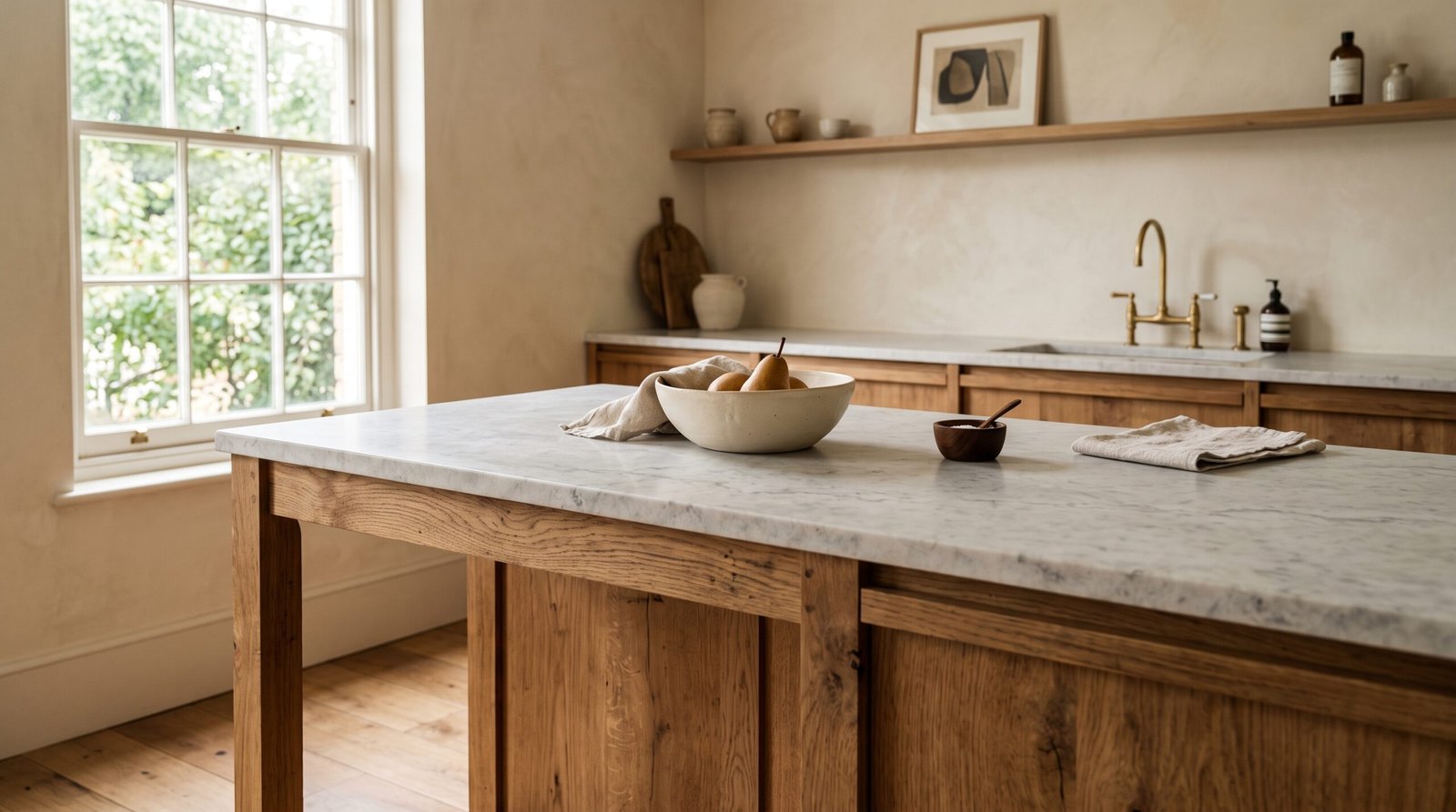 Warm minimalist kitchen materials with a solid oak island with visible grain and a veined natural-stone countertop