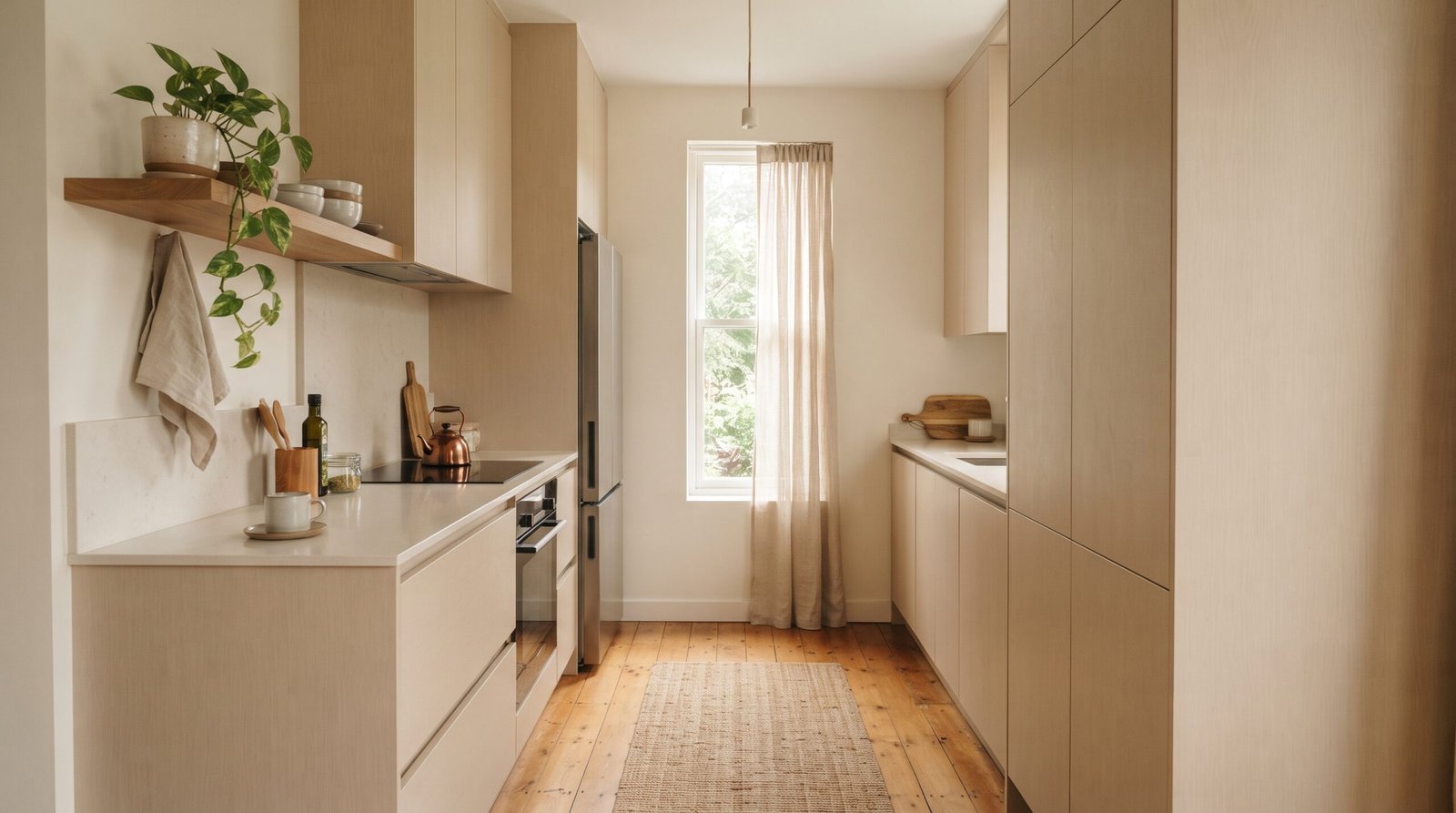 Small minimalist galley kitchen with light ceiling-height handleless cabinets and a clear pale countertop