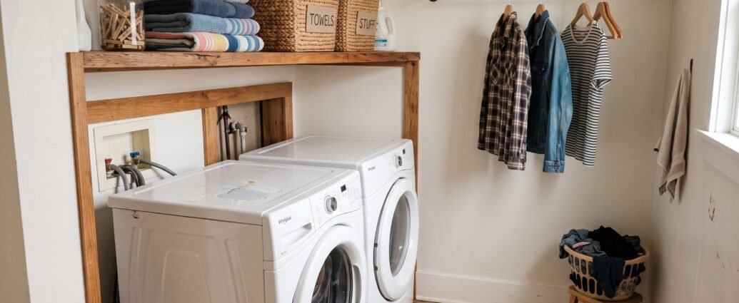 Small laundry room with stacked washer and dryer, wood shelf with baskets, and shirts air-drying on a slim rod