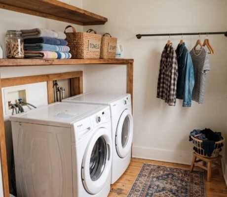 Small laundry room with stacked washer and dryer, wood shelf with baskets, and shirts air-drying on a slim rod